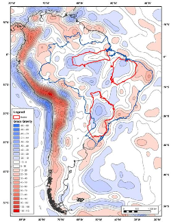 Gravity and lithospheric thickness in South America. The Parnaiba basin is characterised by a negative free air gravity anomaly and relatively thick lithosphere. (Data care of Professor D. McKenzie, Cambridge University)